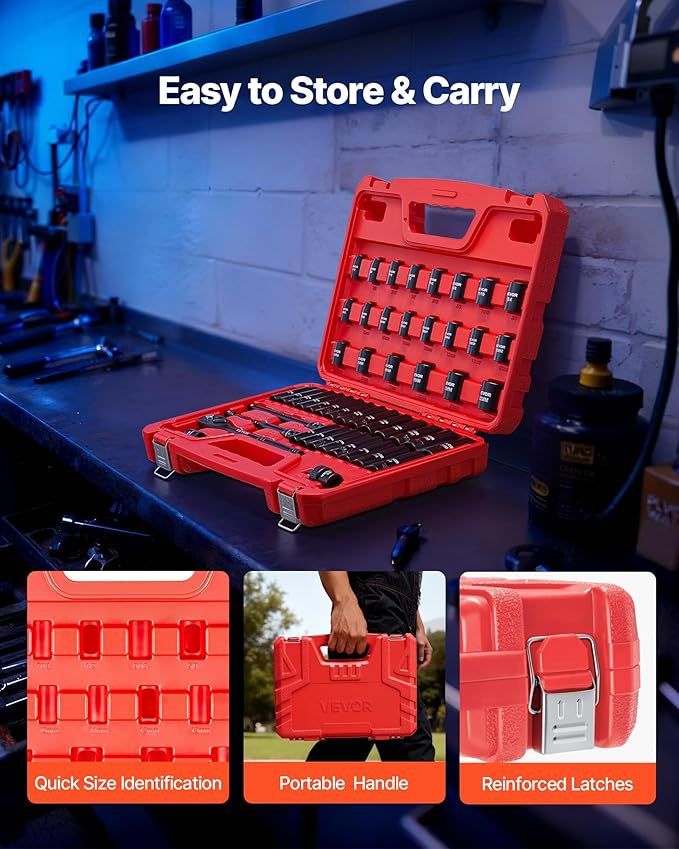 VEVOR 3/8" Drive Impact Socket Set, 50-Piece Standard SAE (5/16 to 3/4 inch) & Metric (8-22 mm) Size, Deep & Shallow, 6 Point, CR-V, Ratchet Handle, Extension Bars, Universal Joint, Reducer, Adapter