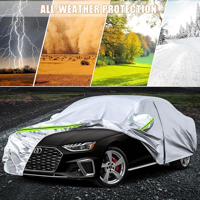 Waterproof Car Covers Replace for 2008-2025 Audi A4/S4 Sedan, 6 Layers Silver All Weather Custom-fit Car Cover with Zipper Door & Windproof Bands for Snow Rain Dust Hail Protection