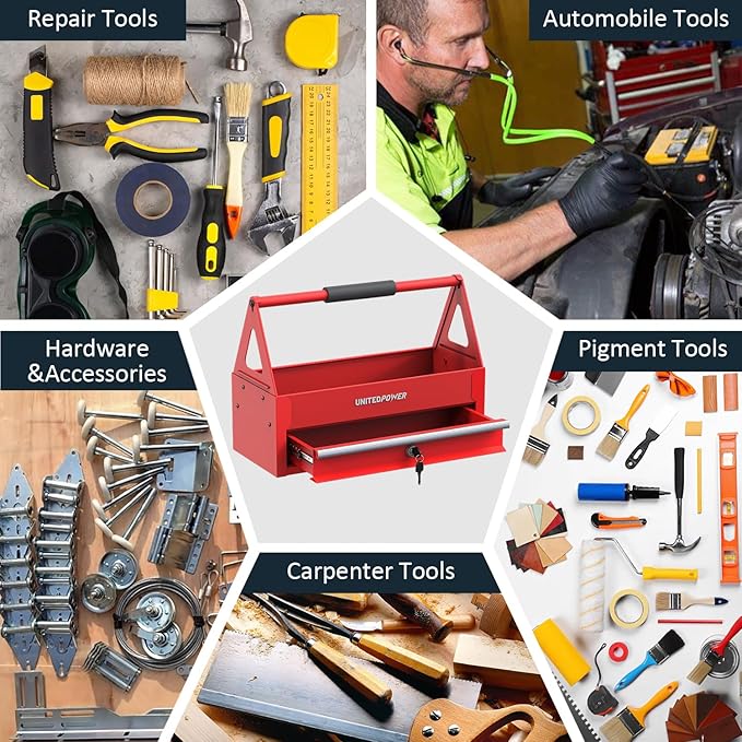 UNITEDPOWER Handy Tool Box With 1 Drawer，Portable Metal Tote Tray with comfortable grip handle, Tool Organization for Household, Warehouse, Repair Shop, Red