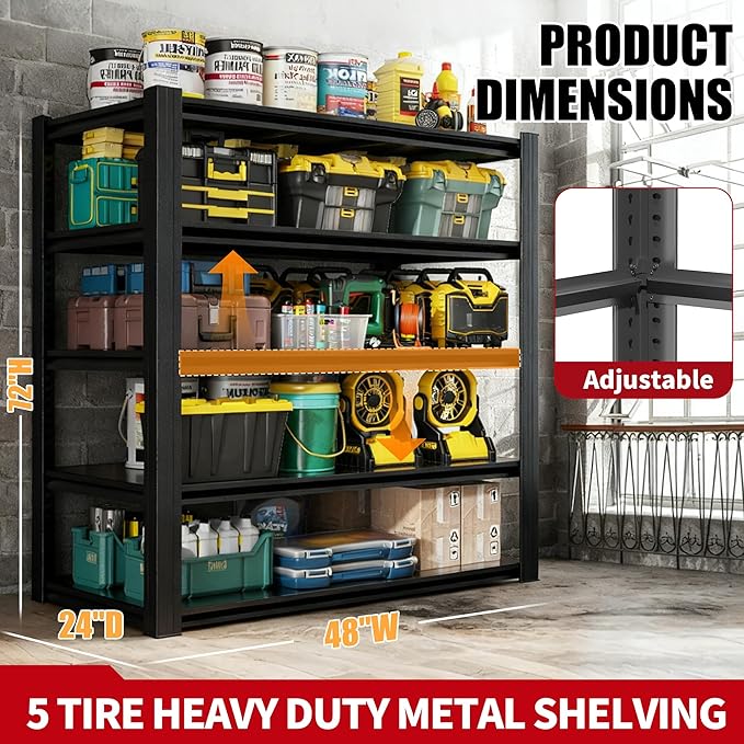 Storage Shelves, 5-Tier Garage Shelving, Adjustable Heavy Duty Shelving Units, Metal Industrial Utility Organizer Storage Racks for Basement, Kitchen, Warehouse, Pantry, 24" D×48" W×72" H