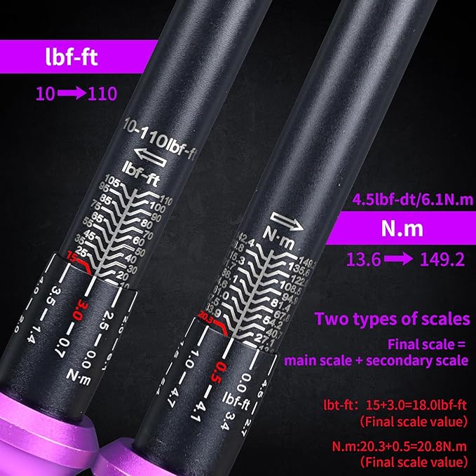 3/8" Inch Drive Click Torque Wrench 10-110 FT-LB/13.6-149.2N.M, ±3% Accuracy, Dual-Direction Click Professional Torque Wrench, Dual Range Scales Graduated in FT.LB and N.M, Purple