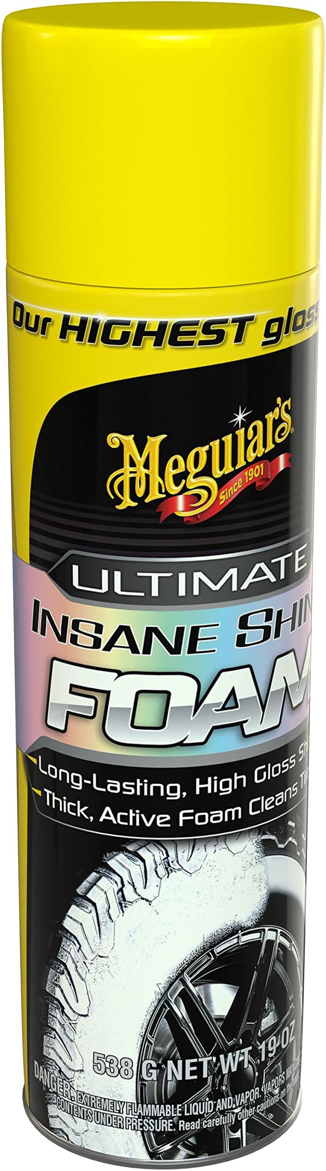Meguiar's Ultimate Insane Shine Foam, Long-Lasting Tire Shine for an Extreme Shine and Gloss, Rich, Dark and Consistent Finish, No Wiping or Rinsing Required, 19 Oz