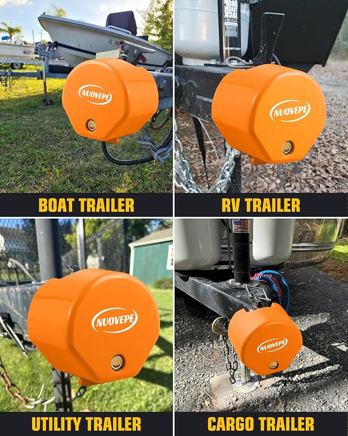 Heavy Duty Anti Theft Trailer Lock, Universal Fit 1-7/8", 2" and 2-5/16" Couplers, Reinforced Solid Steel Tow Lock for Trailer Tongue, Hitch Lock for RV, Cargo, Boat, Camper, Utility (Orange)