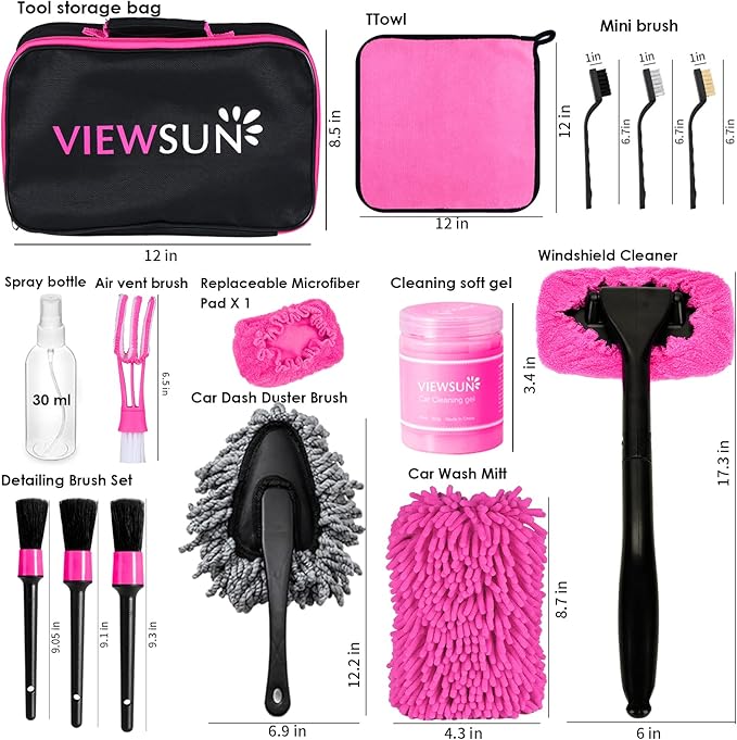 Viewsun 20PCS Car Cleaning Kit, Pink Car Interior Detailing Kit with Drill Brush Set, Windshield Cleaning Tool, Detailing Brushes, Wire Brushes, Cleaning Gel, Complete Cleaning Supplies for Women