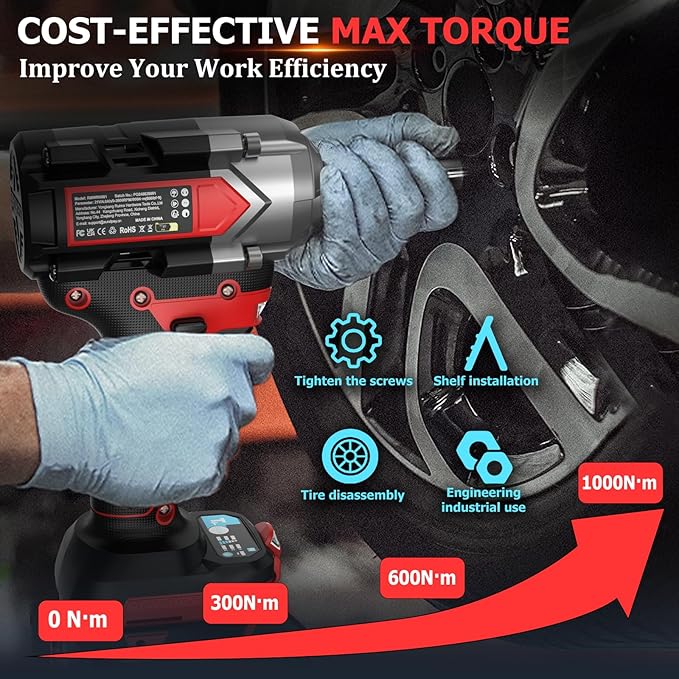 Cordless Impact Wrench 750Ft-lbs - 1000N·m Power Impact Gun 1/2 Inch - 21V 2600RPM Brushless Electric Impact Wrench with 4.0Ah Battery & Socket & Fast Charger & Sturdy Case for Car Home DIY