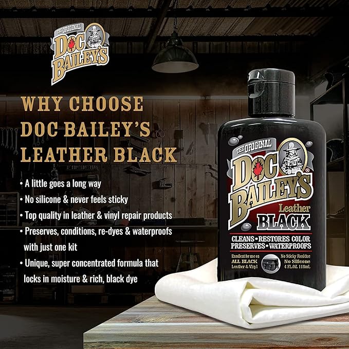 Doc Baileys Black Leather Detail Kit - All-in-One Leather Cleaner, Conditioner, Dye & Waterproofer - Restores Faded Black Leather, Vinyl & Rubber for Motorcycle Seats, Jackets, Boots & Cars 4oz