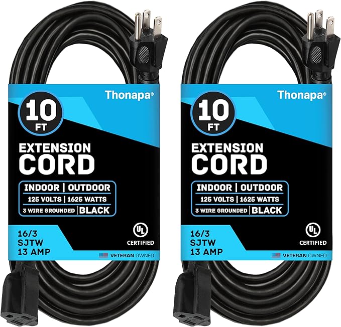 Thonapa 13 Amp Outdoor Extension Cord 10 ft, 2 Pack, 16/3 SJTW 10 Foot Black Extension Cord 3 Prong Multi Pack, Weatherproof ExteriorPower Cable for Outdoor Lights, Landscaping, Lawn, UL Certified
