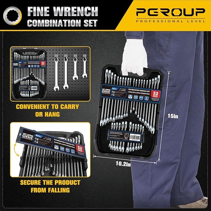 32 Piece SAE & Metric Combination Wrench Set, 20PCS Long Wrenches and 12PCS Stubby Wrenches, Open End and 12-Point Box End, CR-V Steel Mirror Chrome Polished