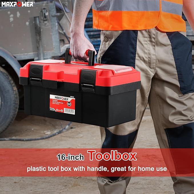 MAXPOWER Tool Box 16 inch, Plastic Small Tool Box with Latch and Removable Tray, Lockable Toolbox for Home