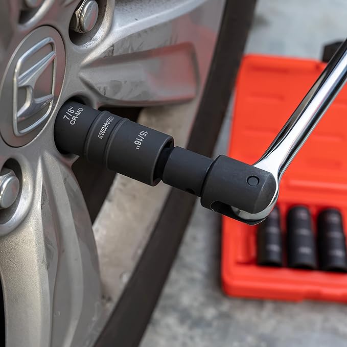 NEIKO 02287B 6-Pc 1/2-Inch-Drive Impact Socket Set, 10 SAE & Metric Sizes, Thin Wall Wheel Lug Nut Socket Set, Cr-Mo, 3-Inch Extension Bar, 6-Point, 19 & 21mm Sockets