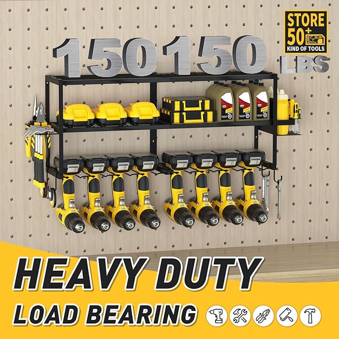 Power Tool Organizer Wall Mount Christmas Gifts for Fathers Dad, Extra Large Layers Heavy Duty Metal Organization Loads 300lbs with 8 Cordless Drill Holder, Tool Shelf for Workshop, Utility Racks