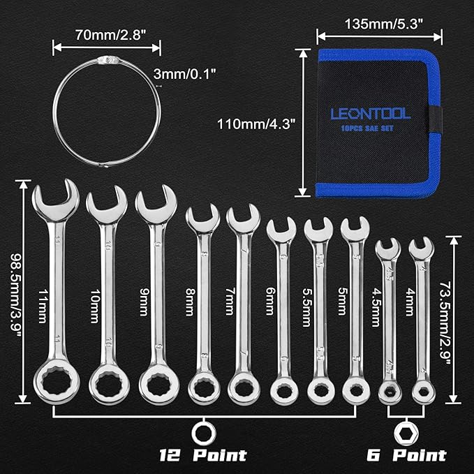 Small Wrench Set Metric 10 Pcs 4mm To 11mm Open End And Box End Spanner Wrenches with Key Ring, Ignition Wrench Set Standard with Portable Storage Pouches
