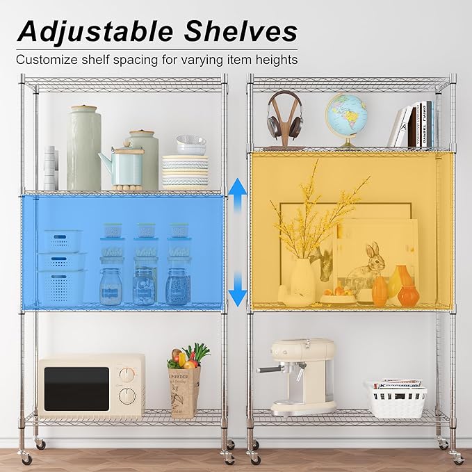 Homdox Heavy Duty 4-Tier Metal Shelving Unit with Adjustable Shelves, Rolling Storage Rack for Kitchen, Garage, Pantry, 36.02"x17.91"x74.41", Silver