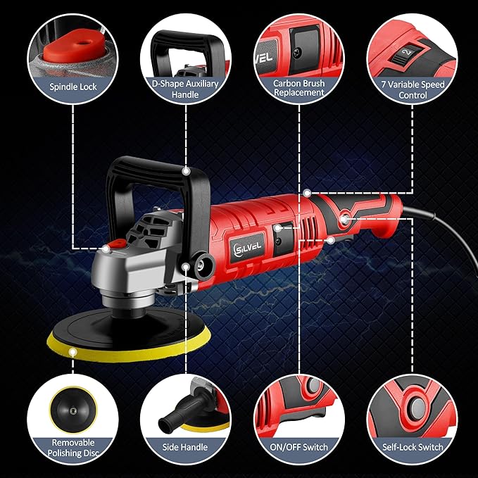 SILVEL Buffer Polisher, 1600W 7 Inch/6 Inch Polisher for Car Detailing, Wax Machine, 7 Variable Speed, with 6 Foam Pads, 3 Wool Pads, Packaging Bag, for Boat Polishing and Waxing