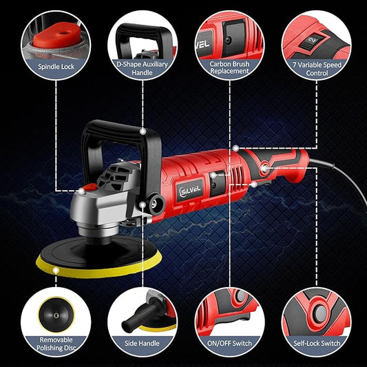 SILVEL Buffer Polisher, 1600W 7 Inch/6 Inch Polisher for Car Detailing, Wax Machine, 7 Variable Speed, with 6 Foam Pads, 3 Wool Pads, Packaging Bag, for Boat Polishing and Waxing