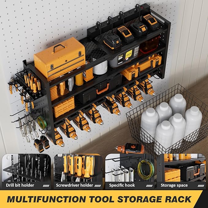 Power Tool Organizer Wall Mount with Charging Station, Heavy-Duty Metal Garage Tool Storage Rack & 8 Outlet Power Strip, 33 Inch Long 4 Tier Shelves for Workshop Organization