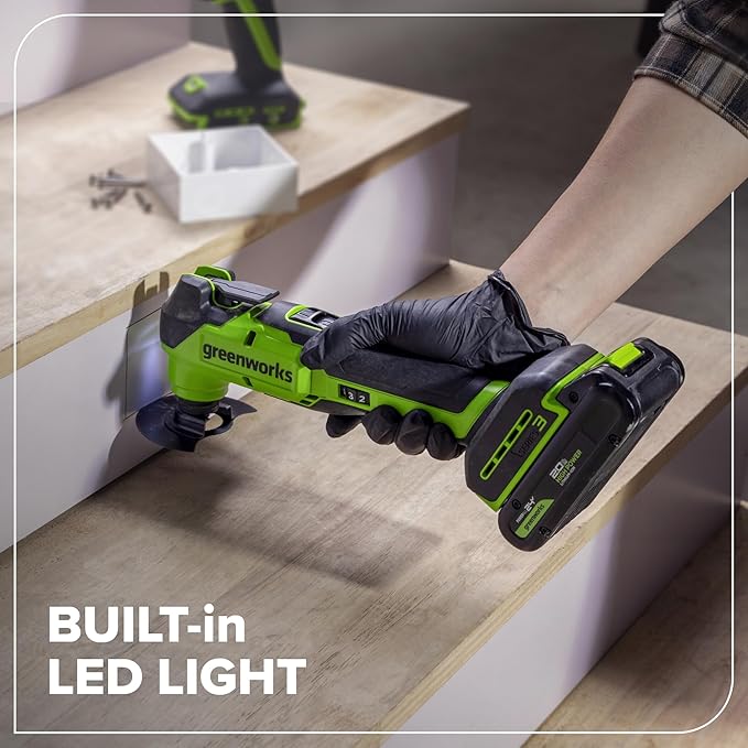 GREENWORKS 24V (8-TOOL) Combo (Drill, Impact Driver, Circular Saw, Reciprocating Saw, Jigsaw, Multi-Tool, Sander, Flashlight), 4.0Ah + (2) 2.0Ah (Power Bank) Batteries, (2) Cables, 65W Rapid Charger