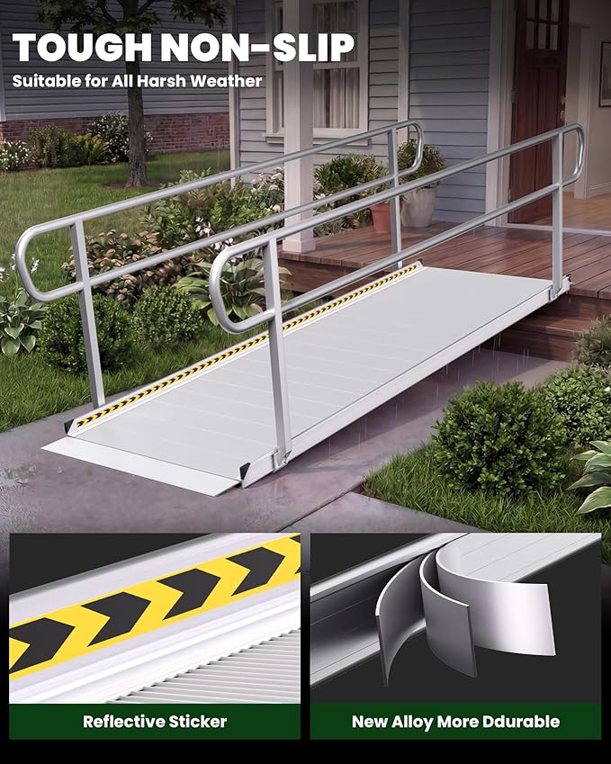 12FT Wheelchair Ramp with Handrails, 1300 lbs Capacity Heavy Duty Aluminum Ramps for Home Steps and Doorways, Fixed Threshold Solution for Wheelchairs Scooters Walkers, Easy Single-Person Use