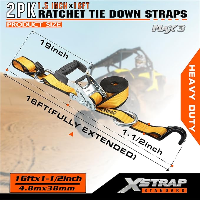XSTRAP STANDARD 2 Pack 1.5" x 16' Ratchet Tie Down Straps - 1100Lbs Working Load, 3300Lb Break Strength, Heavy Duty Double J-Hook for Truck, Trailers & Cargo, Yellow
