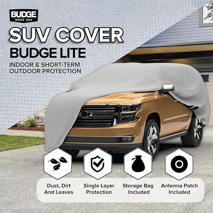 Budge Lite SUV Car Cover, Single-Layer Breathable Indoor Dust Proof Protection, Lightweight Non-Abrasive Fabric, Fits SUVs up to 229" L x 68" W x 67.5" H, Gray
