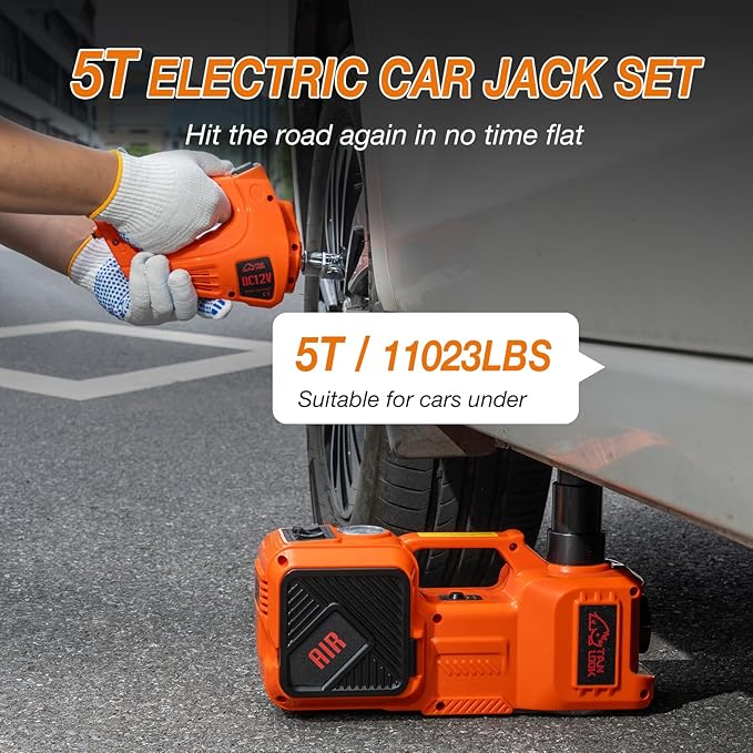 Electric Car Jack Kit with Hydraulic Lift 5-Ton, Tire Inflator Heavy-Duty 12V Floor Jack for Sedans,SUVs,MPVs & Trucks.Ideal for Tire Changes & Garage Repairs (Without Wrench)