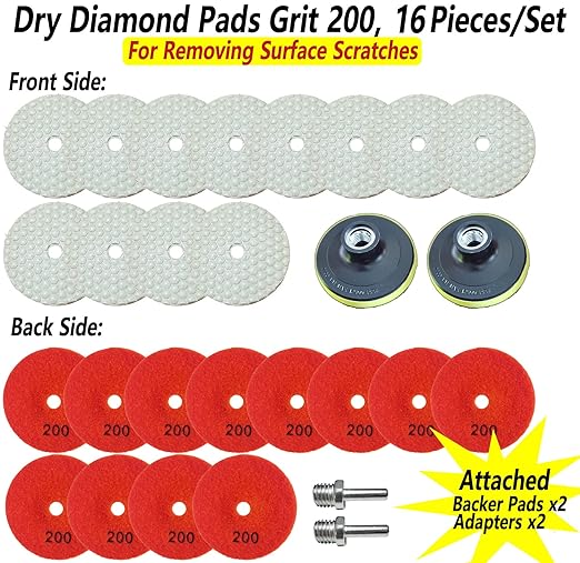 16 Packs Dry Diamond Polishing Pads Grit 200, 4 Inch Dry/Wet Tile Sanding Pad for Bufffing Granite Marble Quartz Concrete Stones Used for Grinder Polisher Drill