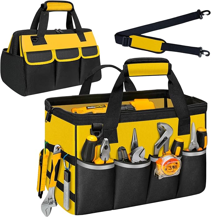 NECKORY Tool Bag, Portable Tool Box Organizer Adjustable Shoulder Strap, Carry Tool Tote Heavy Duty Tool Storage Bag With Wide Mouth,Tool Bags for Men Mechanic EngineerGift - L, Yellow & Black