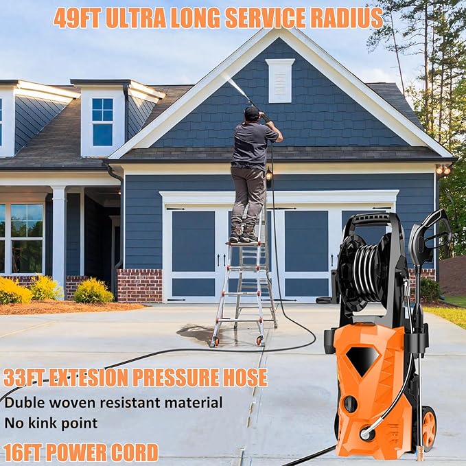 5000PSI Electric Pressure Washer - 2025 New Power Washer with Upgraded 33ft Pressure Washer Hose Reel, Foam Cannon, 4 Nozzle Set, Power Washer for House/Patios/Car/Fence, Orange