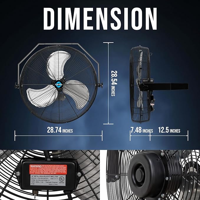 Tornado 24-Inch High Velocity Wall Mount Fan – 3-Speed Industrial Metal Fan with 6.5 FT Power Cord – Commercial, Residential Use – UL Listed