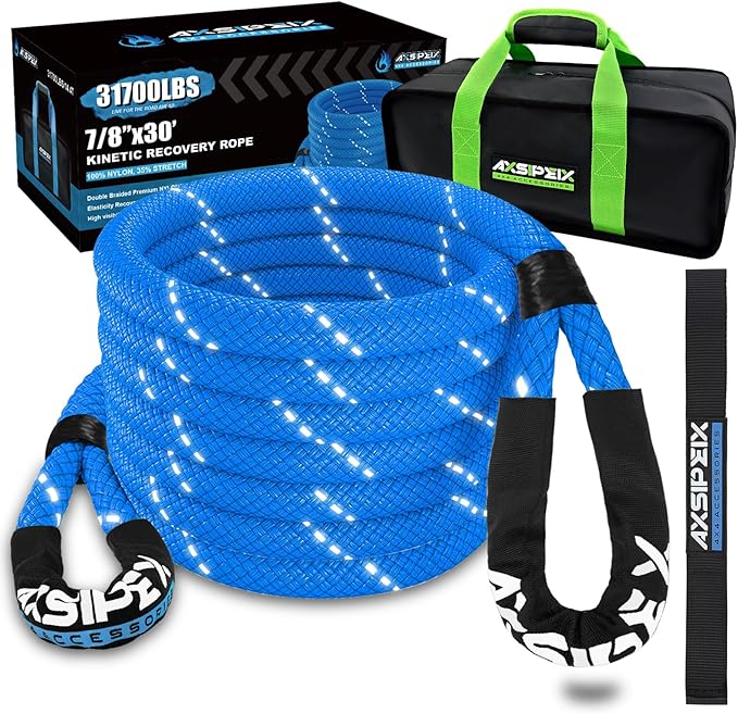 Kinetic Recovery Rope (Reflective) | 7/8in x 30ft 31,700Lbs Heavy Duty, 35% Elasticity Tow Rope - Offroad Snatch Strap for 4x4 Truck SUV UTV ATV Jeep