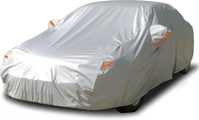 SEAZEN Car Cover 6 Layers, Waterproof Sedan Car Cover with Zipper Door, Snowproof/UV Protection/Windproof, Universal Car Covers Breathable Fabric with Cotton (201" to 209")