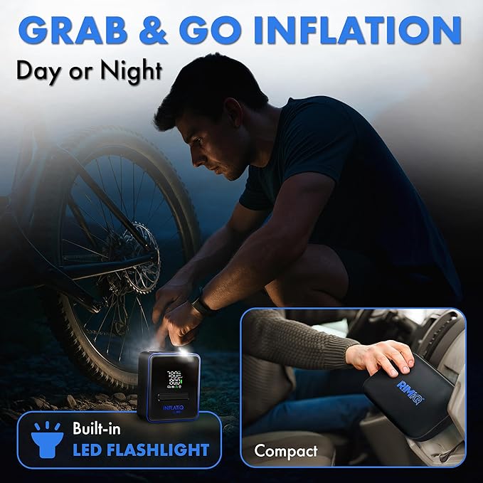 INFLATiQ by RIMiQ Tire Inflator Blue - Powerful, Award-Winning QWIKFLOW Technology with 2 Portable Power Options Included - Strong Vehicle Air Pump for Trucks, Cars, Motorcycles, Bicycles, Balls