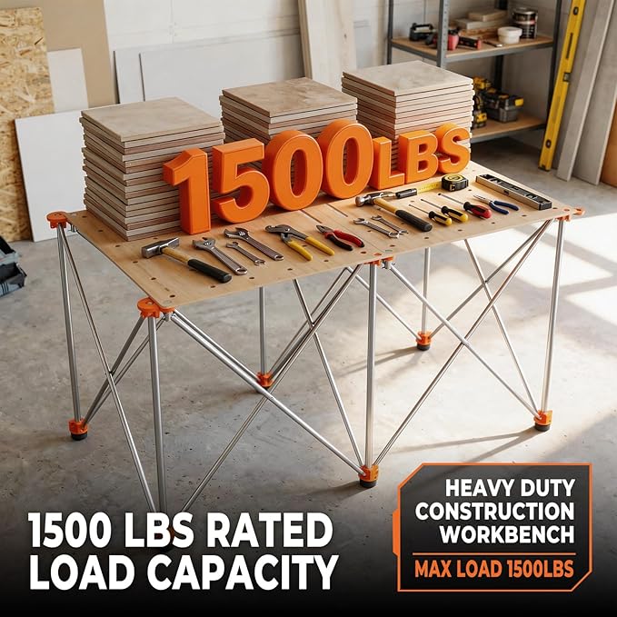 2'x4' Heavy Duty Portable Folding Workstand - 2,500 lbs Capacity Collapsible Workbench with Thickened Legs, Round Steel X-Braces & 4" Adjustable Leveling Feet - Instant Setup for Jobsite & Garage