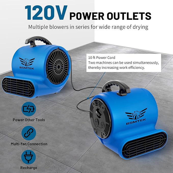 Air Mover Blower Fan, Industrial 1/3HP 1200CFM Monster Floor Blower Carpet Dryers - 3 Speeds Switch, 4 Adjustable Angles, 10FT Long Cord, Stackable - 2026 Upgraded