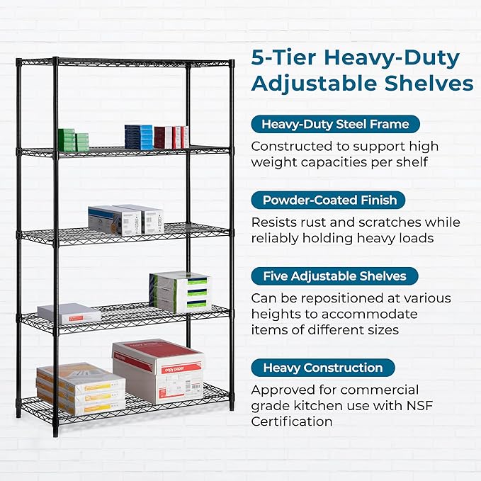 Honey-Can-Do 5-Tier Heavy-Duty Adjustable Shelves, Metal Storage Rack with 800-lb Shelf Capacity, Black, 18" W x 42" L x 72" H