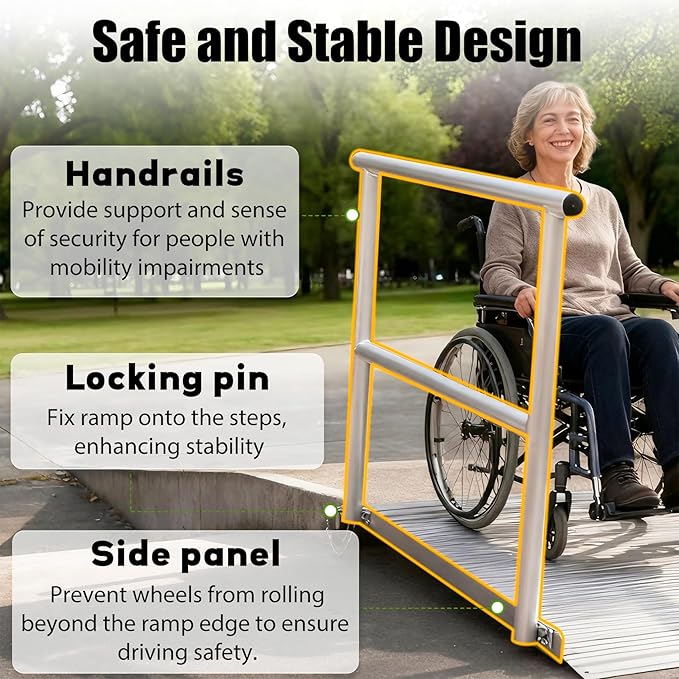 Portable Wheelchair Ramp with Handrails for Home Steps Stairs Curbs, 800 Lbs Capacity Aluminum Handicap Ramps for Wheelchairs, Carts, Scooter, Anti-Slip Surface - 3'L X 36"