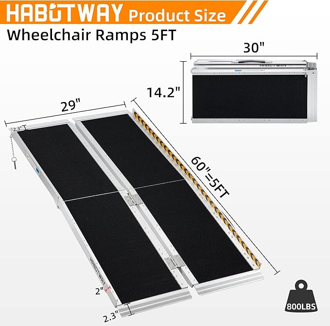 HABUTWAY 5ft Wheelchair Ramp, Portable Wheelchair Ramps for Home Steps, Double Non-Skid Ramps Hold Up to 800Lbs, Threshold Ramp for Home,Stairs, Curbs,Steps,Doorway