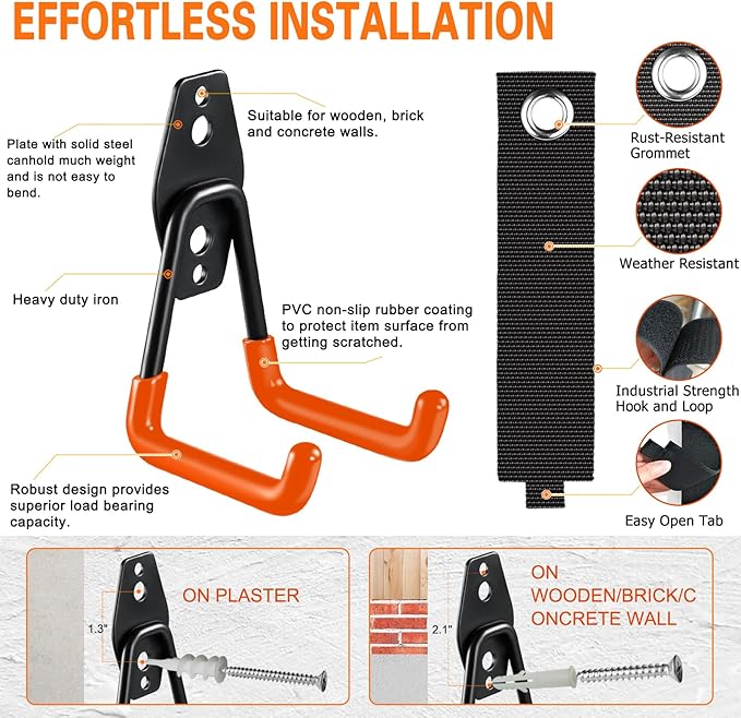 HUPBIPY 26 Pack Garage Hooks Heavy Duty Utility Steel with Anti-Slip Coating Wall Mount Storage Organizer for Hanging Power and Garden Tools, Ladders, Hose, Bikes, Ropes, Bulk Items, and More