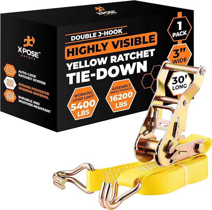 Xpose Safety 1-Pack Retractable Ratchet Straps with Double J Hooks, Heavy Duty 3" x 30', 16,200 lbs Break Strength Tie-Downs for Truck, Trailer, Kayak & Motorcycle