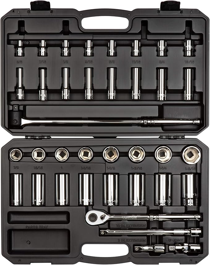 TEKTON 1/2 Inch Drive Shallow and Deep 6-Point Socket and Ratchet Set with Case, 37-Piece (3/8 - 1-5/16 in.) | SKT25101