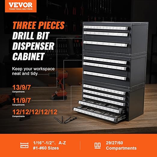 VEVOR Drill Bit Dispenser Cabinet Set, Three-Drawer for 1/16" to 1/2" & Letter Sizes A to Z, Five-Drawer Drill Bit Organizer for Wire Gauge Sizes #1 to #60, 3 Pieces