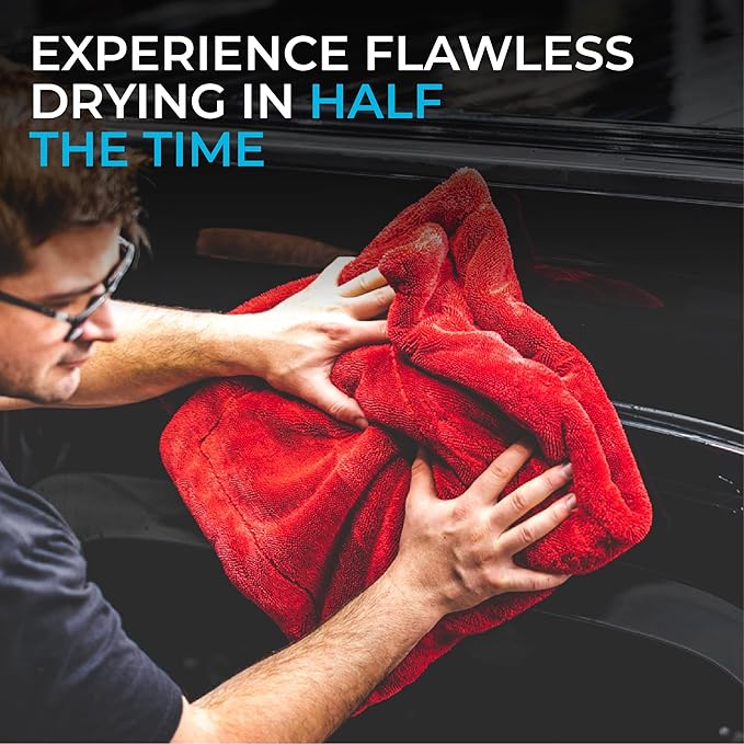 The Rag Company - The 1500 - Heavy Duty Car Drying Towel; Perfect for Trucks, Commercial Vehicles, RVs, Boats, and More; Premium 70/30 Blend Twist Loop Design, 1500gsm, 30in x 30in, Red