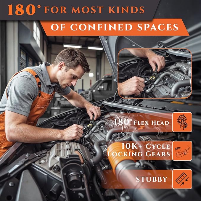 SUZUME Stubby Wrenches Set 16PCS Metric (8-17mm) & SAE (5/16” To 3/4”) 180° Flex Head Stubby Ratcheting Wrench Set Cr-V 90-Tooth for Tight Spaces & Motorcycle Repair with Rolling Pouch