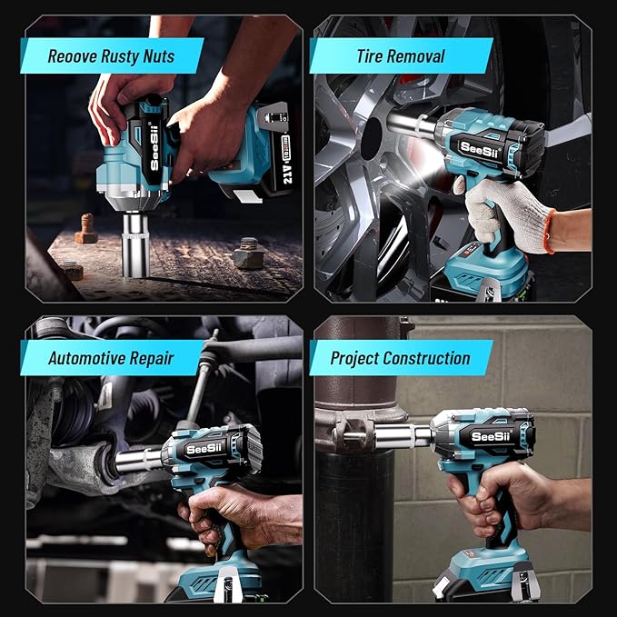 Seesii 3/8" Cordless Impact Wrench, Power Impact Gun w/Max Torque 330Ft-lbs(450N.m), 4.0Ah Rechargable Battery & 4 Sockets, Compact Power Impact Wrench for Lightduty Work Car Home,WH450