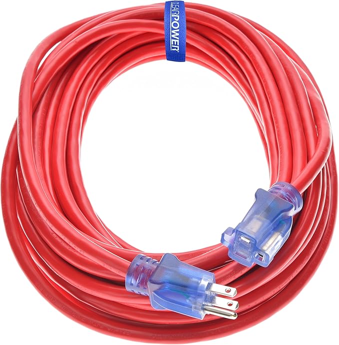 Clear Power Heavy Duty Outdoor Extension Cord - 50 FT, Red | for Extreme Cold Weather -50°C, 12/3 SJTW, Water & Weather Resistant, Flame Retardant, 3 Prong Grounded Plug (CP10107)