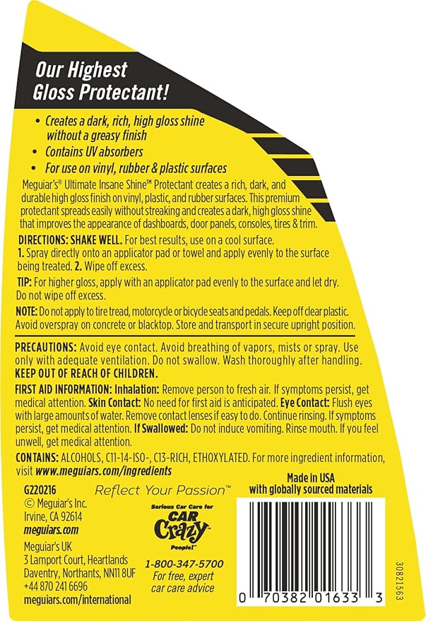 Meguiar's G220216 Ultimate Insane Shine Protectant, Car Cleaning Spray That Creates a Lasting and Glossy Shine, Auto Care Product Safe for Exterior and Interior Surfaces, 16 Oz