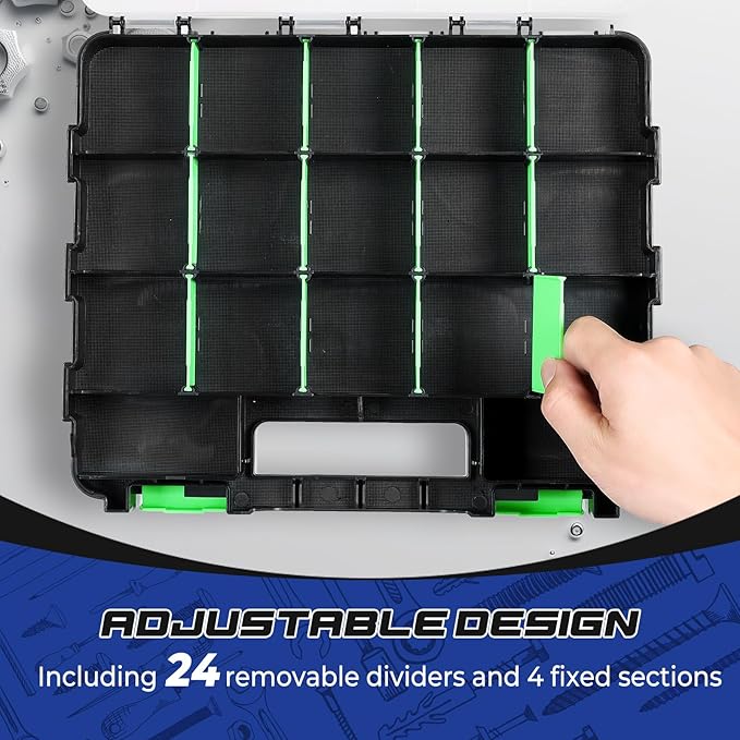 NATGAI 2 Pack Small Parts Organizers, 34-Compartments Double-Sided Tool Box with Removable Dividers for Hardware, Screws, Bolts, Nails & Fishing Accessories, Durable Plastic Storage Case (Green)