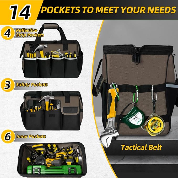 NECKORY Tool Bag, Portable Tool Box Organizer Adjustable Shoulder Strap, Carry Tool Tote Heavy Duty Tool Storage Bag With Wide Mouth,Tool Bags for Men Mechanic EngineerGift - L, Coffee & Black