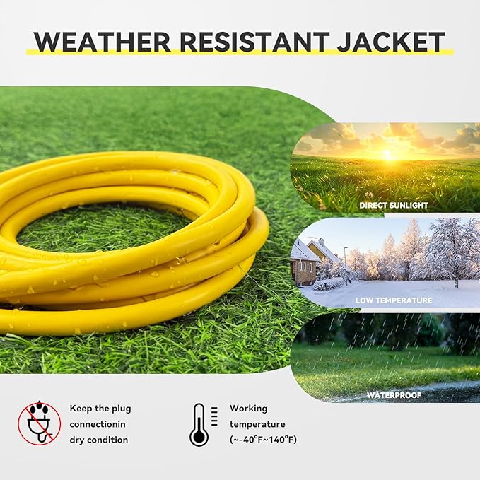 50 ft Outdoor Indoor Extension Cord - 12/3 SJTW 15 AMP Heavy Duty Yellow Extension Cable with 3 Prong Grounded Plug - Power Cord for Lawn, Garden, Appliances