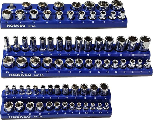 Magnetic Socket Organizer Set, 3 Pcs Blue Metric Socket Tray Set for 1/4", 3/8", and 1/2" Sizes Drive, Socket Holder Holds 75 Sockets for Tool Box
